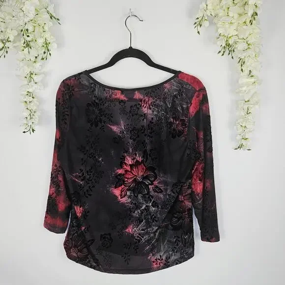 Cato Floral Red Black Burnout Top Sz Large Sheer Gothic Romantic Stretch Blouse - Picture 2 of 14